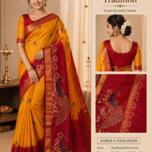 Mango yellow red cotton saree