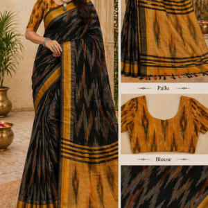 Black Yellow Ikkath cotton saree