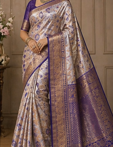 Cream and Violet Boarder Pattu Saree
