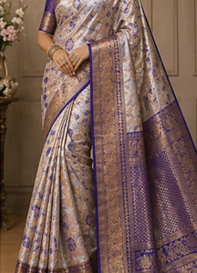 Cream and Violet Boarder Pattu Saree
