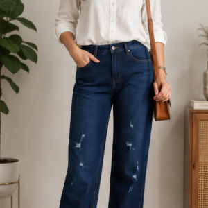 Women's Dark Blue Torn Wide Leg Denim Jeans