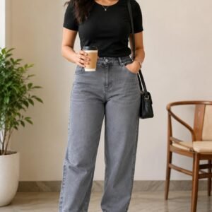 Women's Grey High Waist Relaxed Jogger Denim Jeans