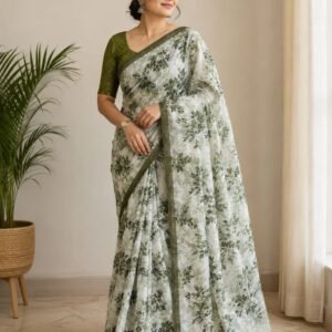 Cream and Green Combination Saree