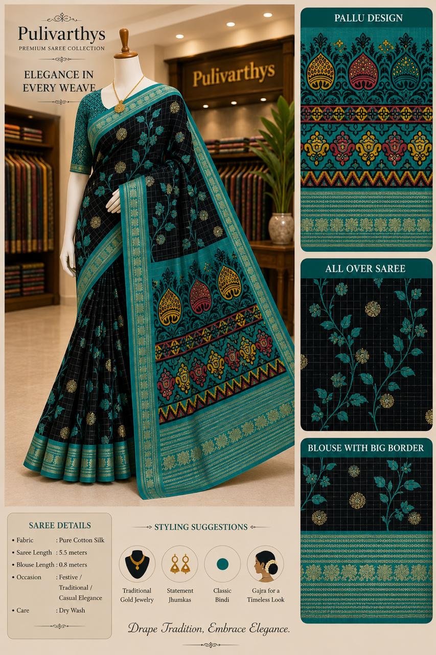Black & Sky Blue Meena Kari Silk Saree