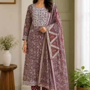 Maroon Kalamkari Print Cotton Chudidhar for Women