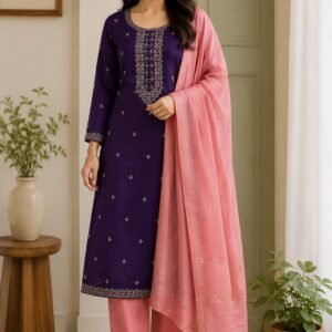 Dark Purple Floral Embroidery Cotton Chudidhar for Women