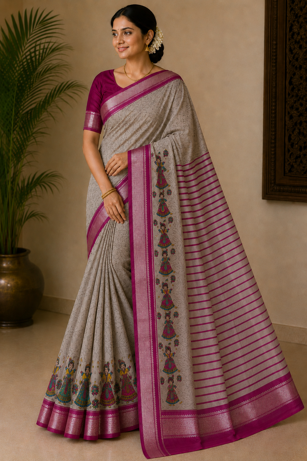 Ash and Rich Dark Pink boarderd Combination Saree
