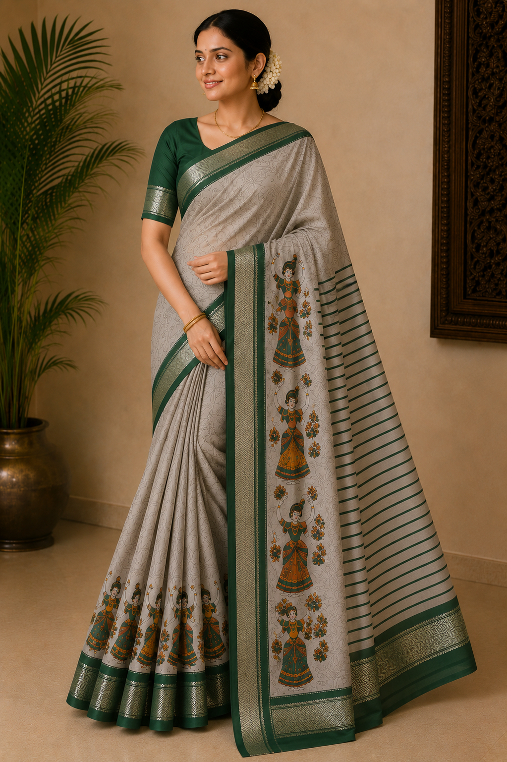 Ash and Green Combination saree