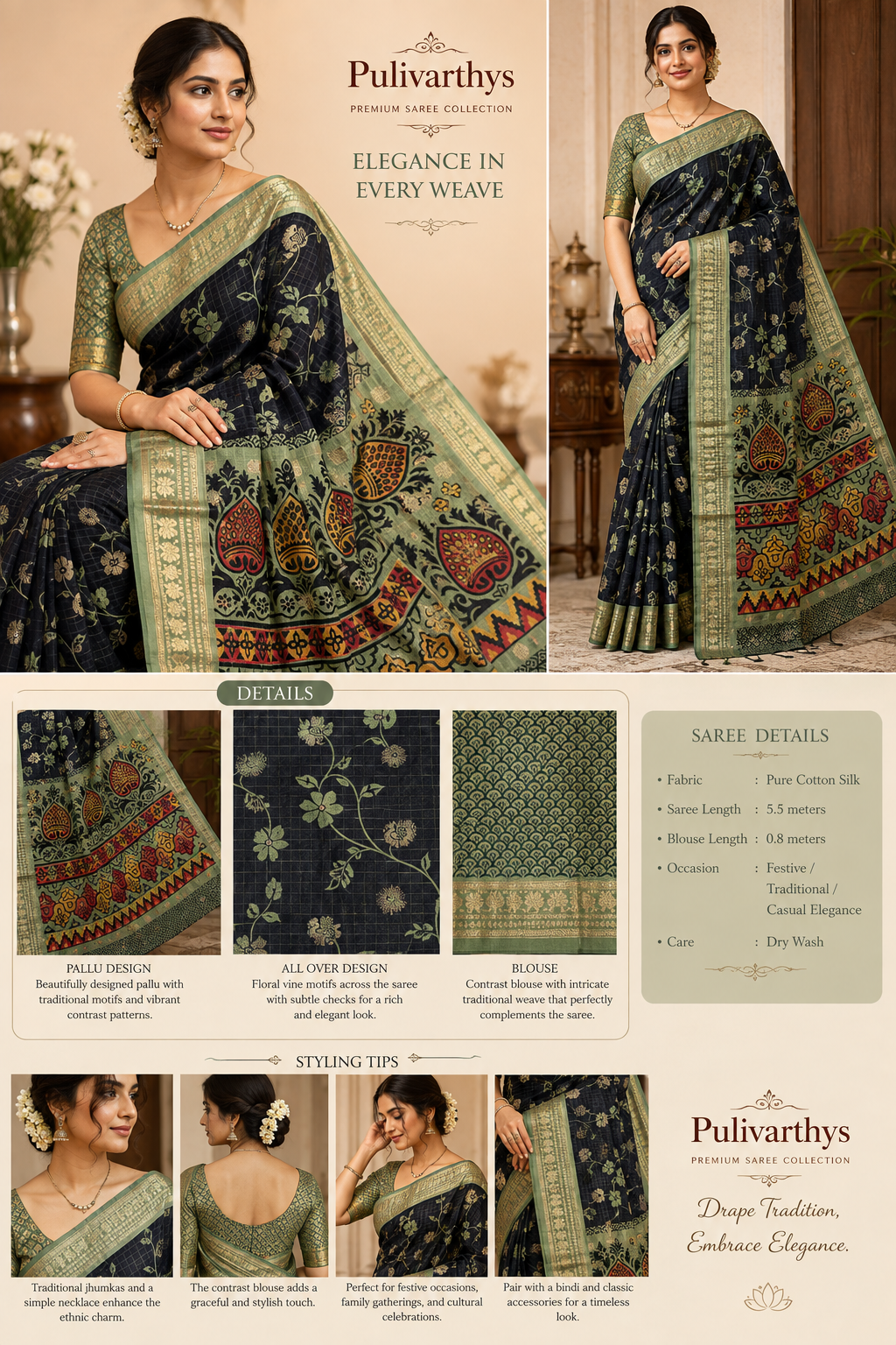 Black & Sage Green Meena Kari Silk Saree