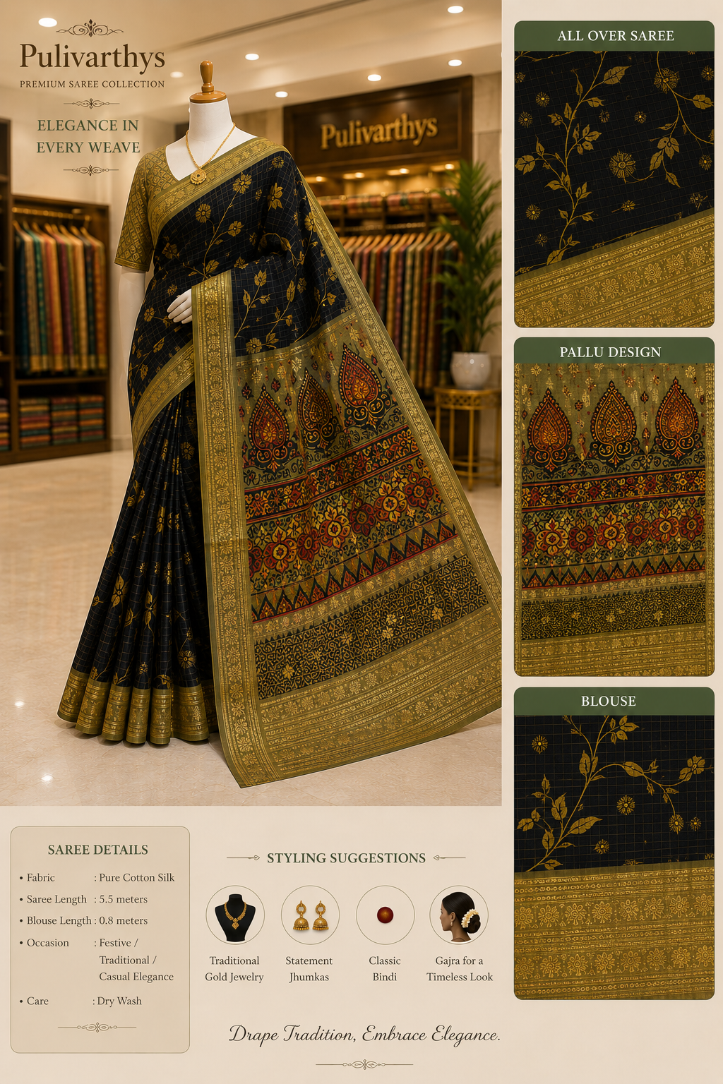 Black & Antique Gold Meena Kari Silk Saree