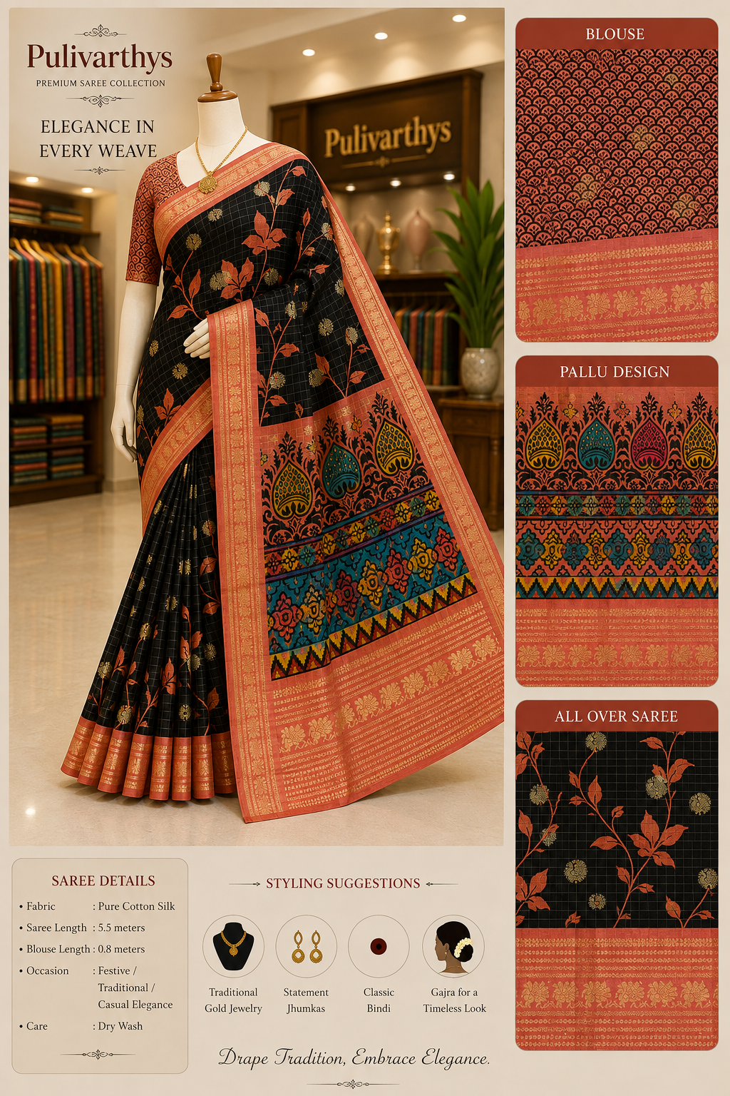 Black & Rust Royal Meena Kari Silk Saree with Designer Pallu