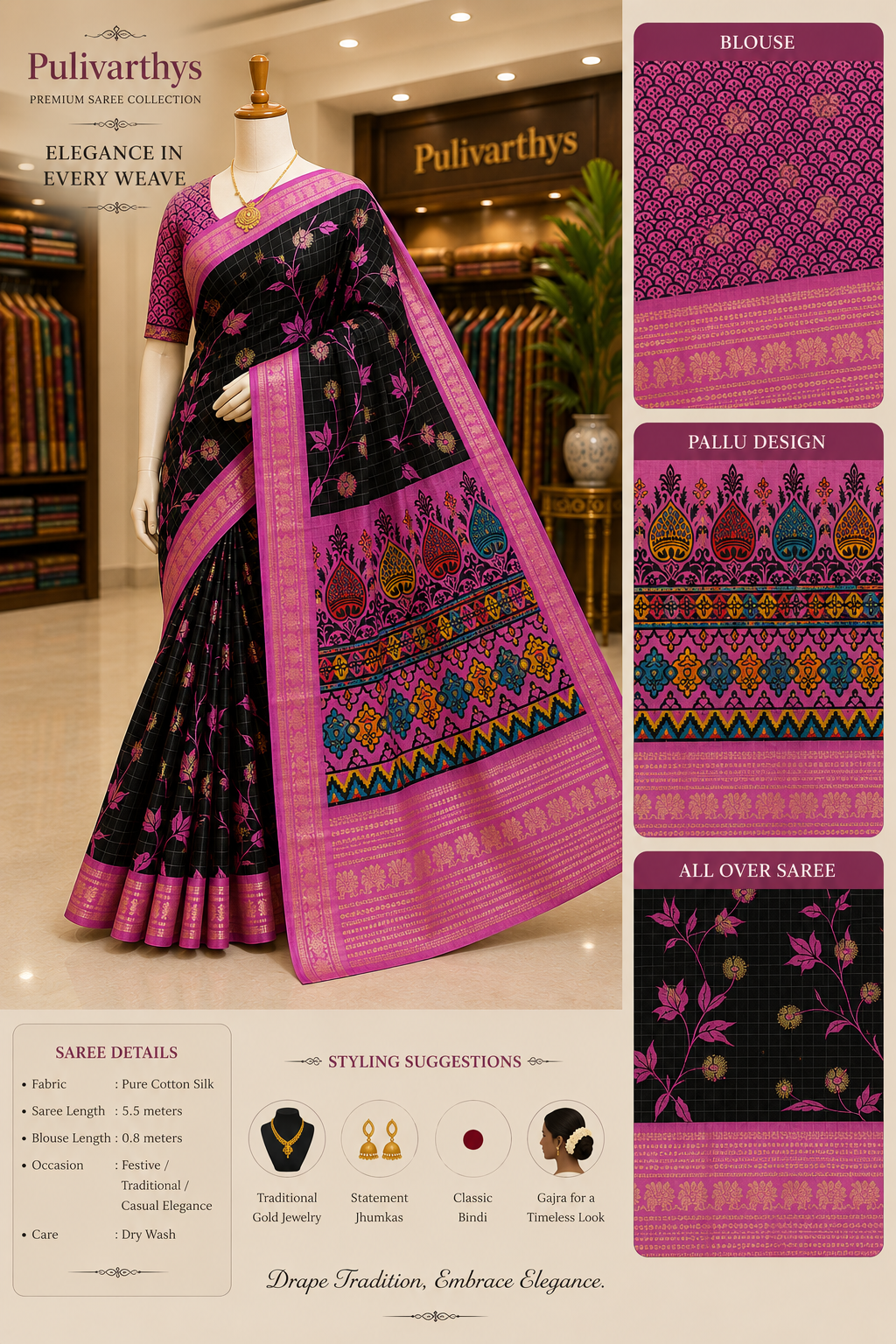 Black& Pink Meenakari Silk Saree