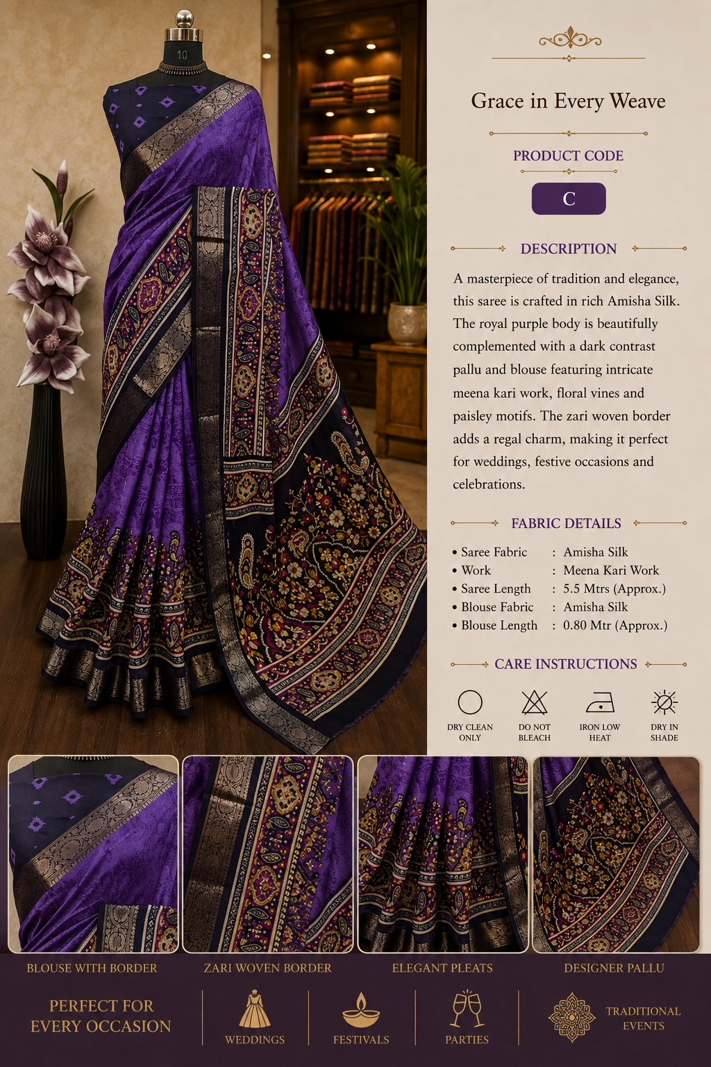 Elegant Royal Purple Amisha Silk saree with a deep navy contrast blouse