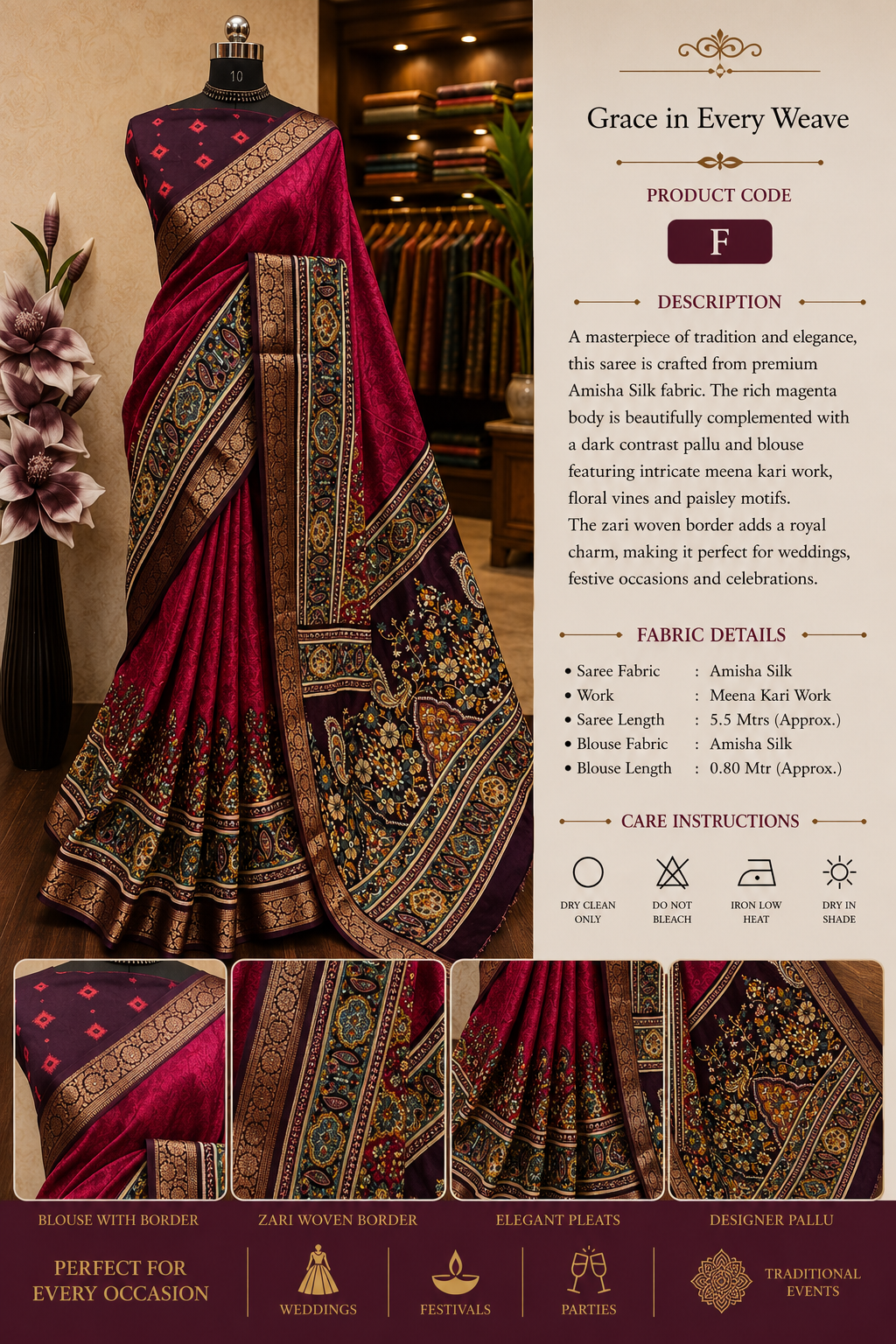Elegant Dark Pink Amisha Silk saree with a deep brown contrast blouse