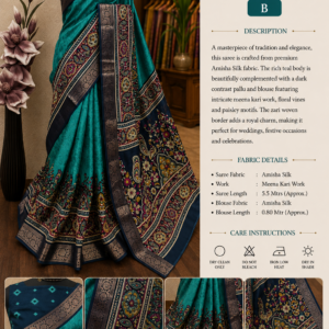 Elegant teal Amisha Silk saree with a deep navy contrast blouse
