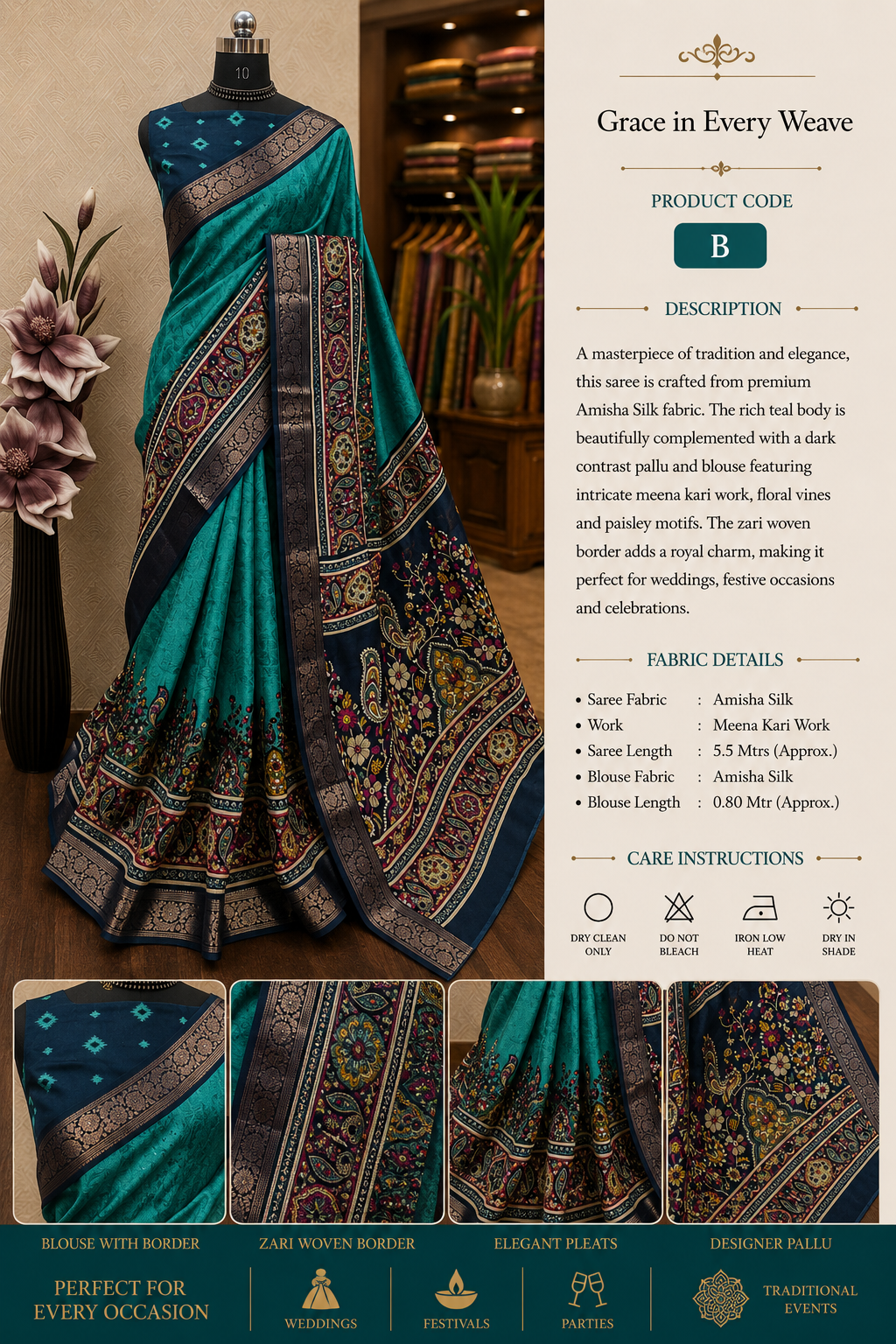Elegant teal Amisha Silk saree with a deep navy contrast blouse