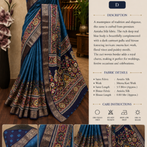 Elegant teal Blue Amisha Silk saree with a deep navy contrast blouse