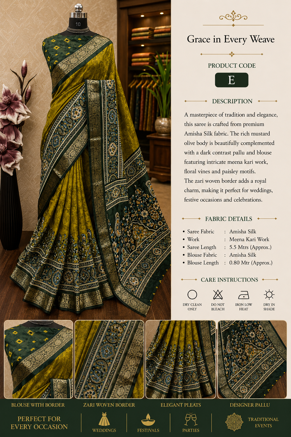 Elegant Leaf Green Amisha Silk saree with a deep Dark Green contrast blouse