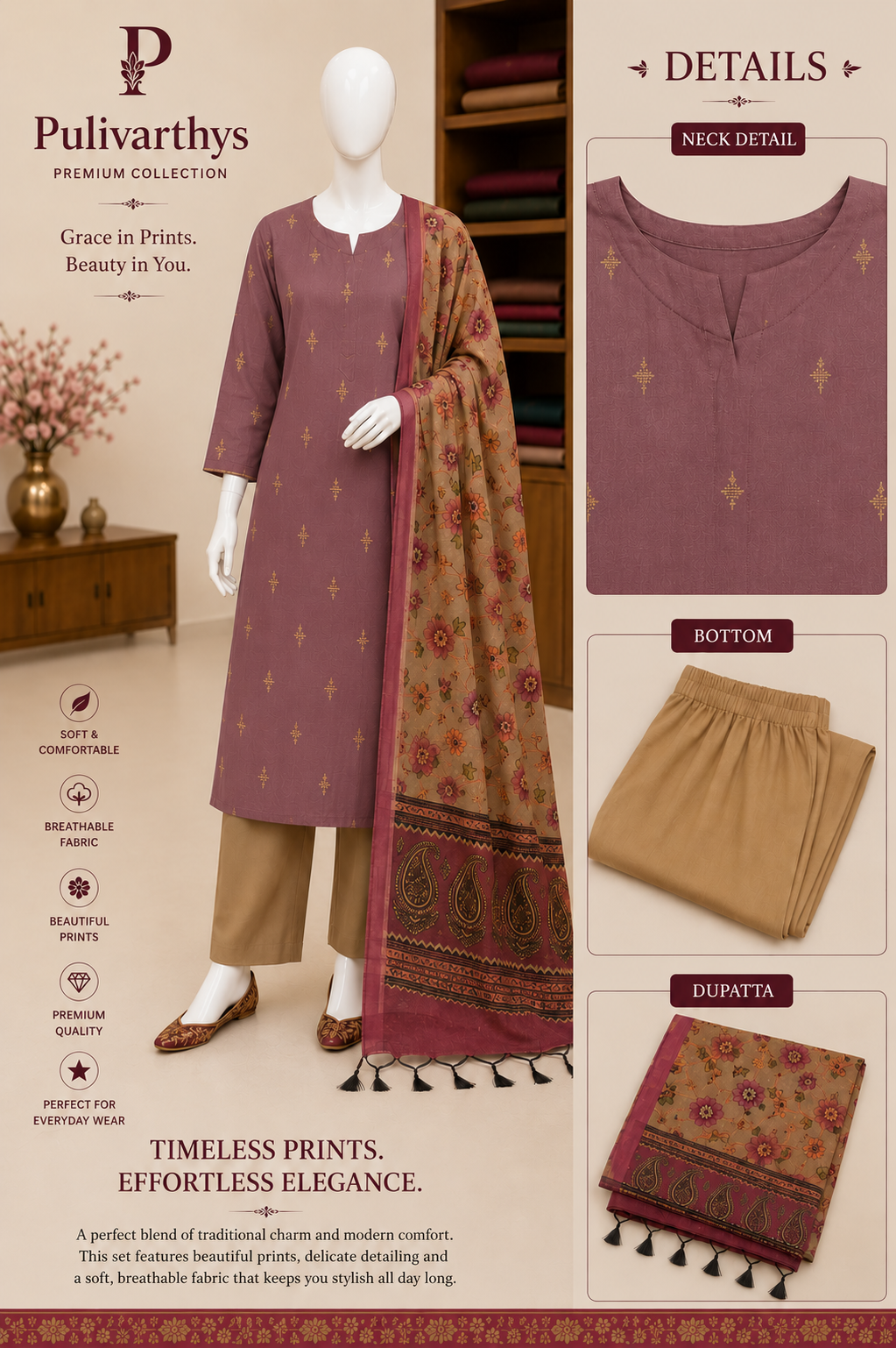 Pink and Cream Colour Chandheri Fabric 3 Piece Set