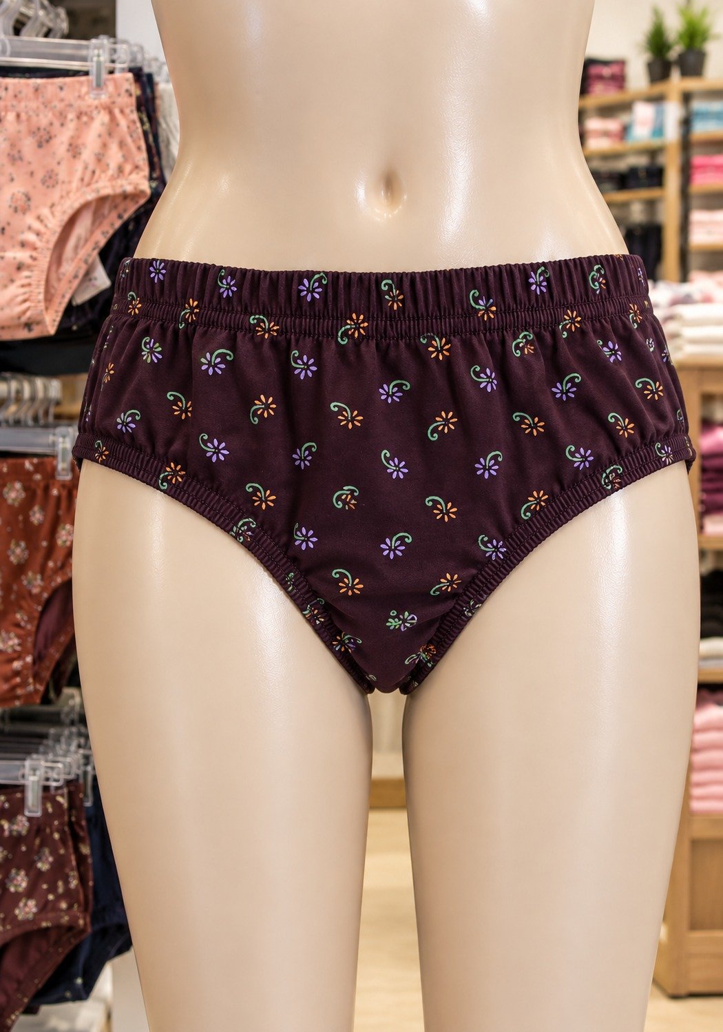 Dissa women's panty in deep maroon with a multicolour floral and leafy print,