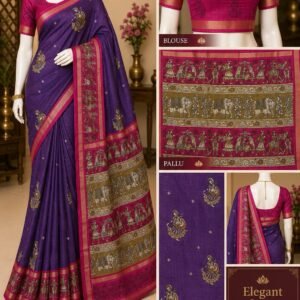 Purple Saree With Dark Pink Banarasi Saree