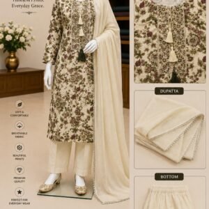 Cream Floral Designed 3 piece Kurtha Set
