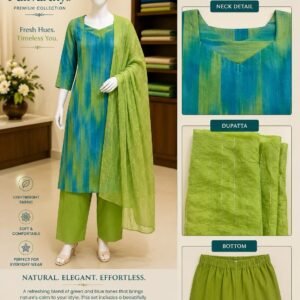 Bluish Green Colour Handloom 3 piece Kurtha Set