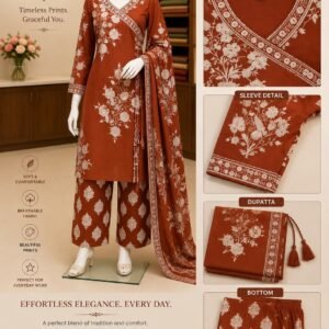 Rust Brown Colour Cross Design 3 Piece Kurtha Set