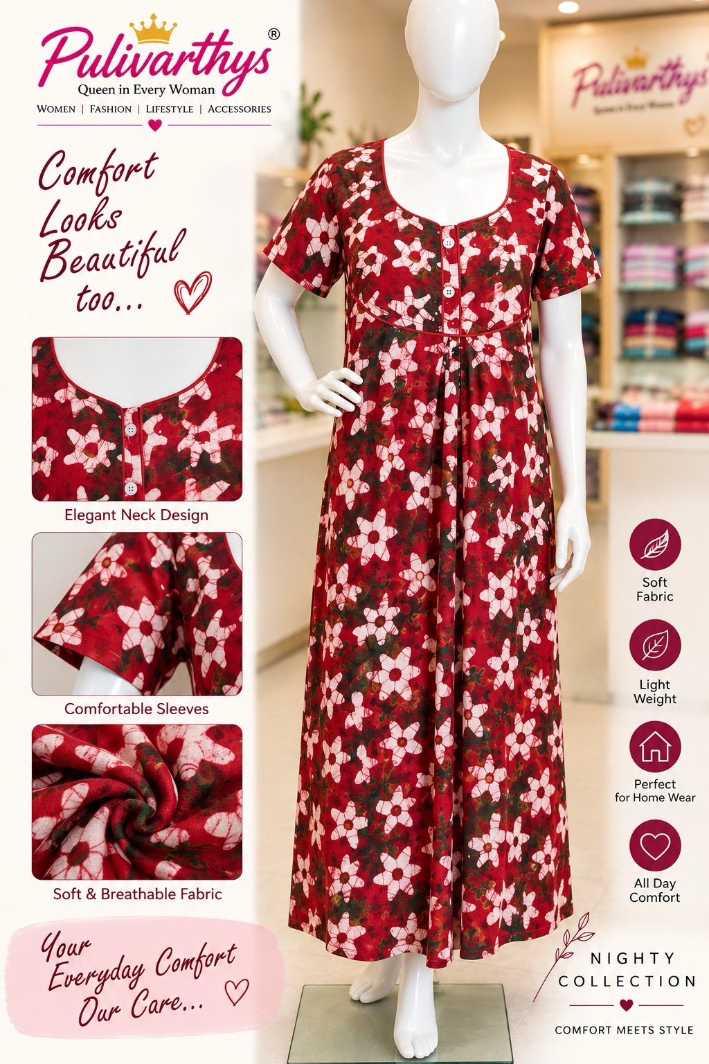 Magenta Floral Printed Cotton Nighty