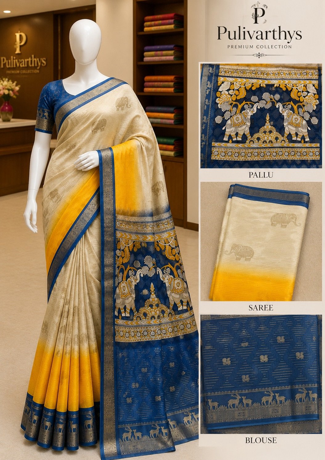 Blue baordered Cream and Yellow Combination Multi Colour Saree