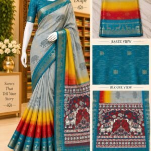 Blue baordered red and yellow combination Multi Colour Saree