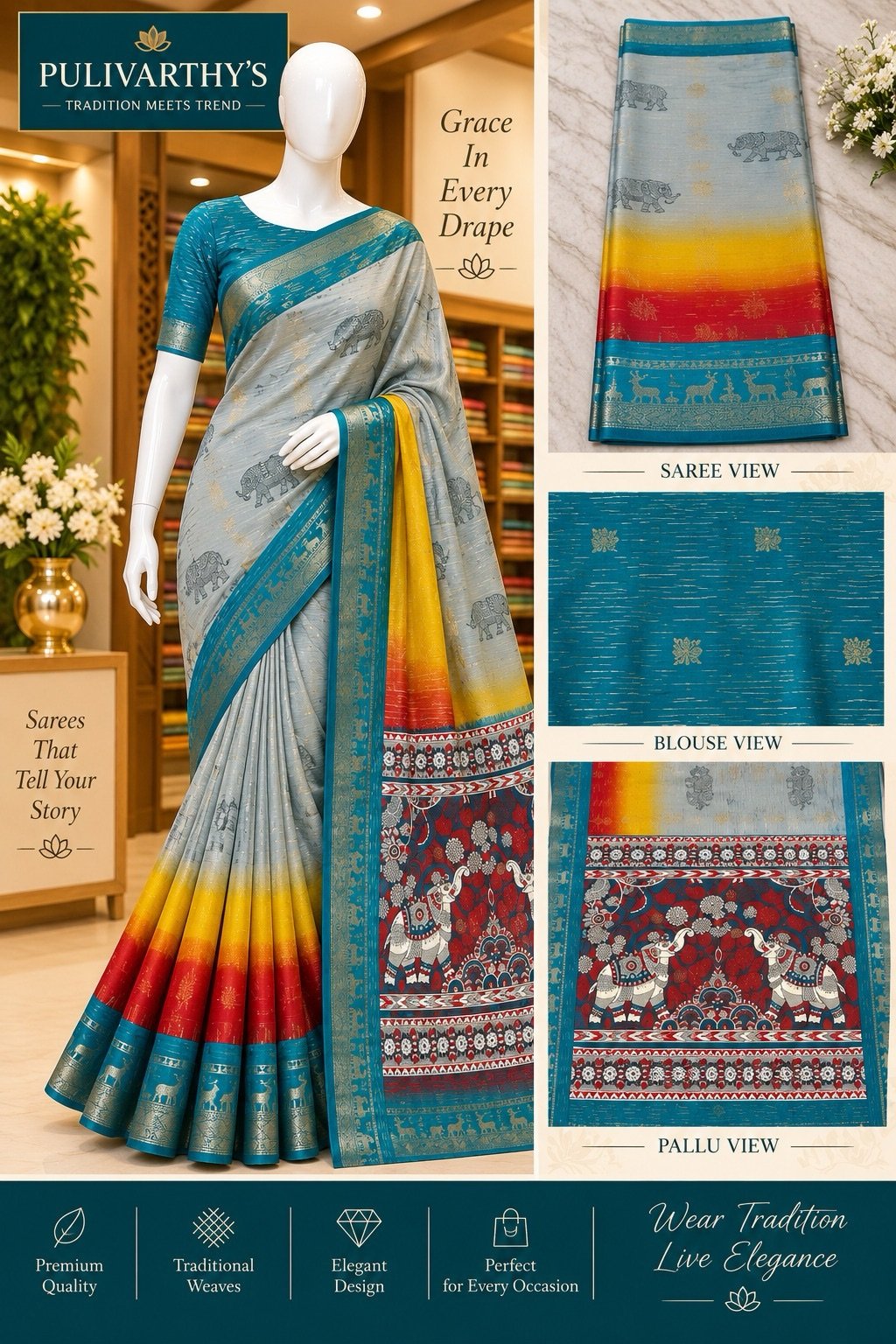 Blue baordered red and yellow combination Multi Colour Saree