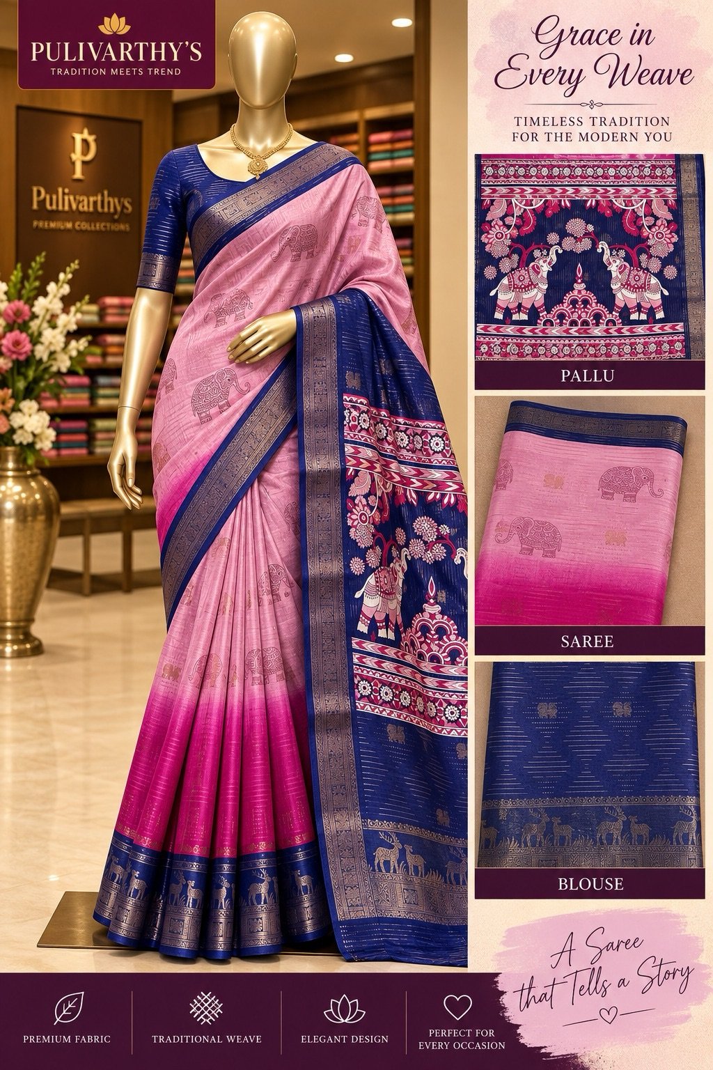 Blue boardered Pink Colour Multi Colour Saree