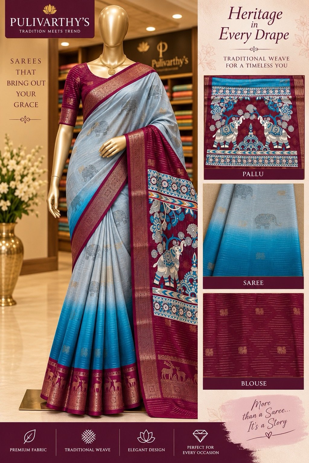 Blue and Maroon Multi Colour Saree