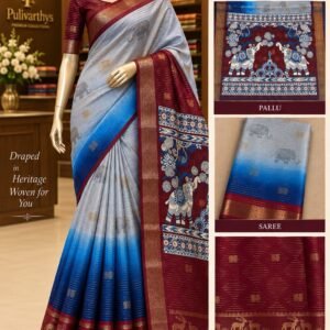 Dark Maroon Boardered Blue Multi Colour Saree
