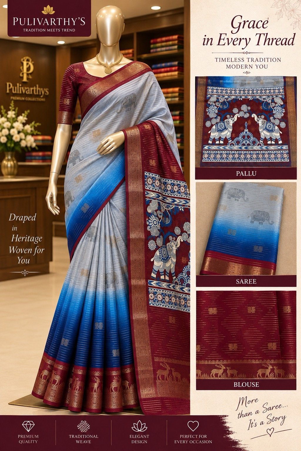 Dark Maroon Boardered Blue Multi Colour Saree