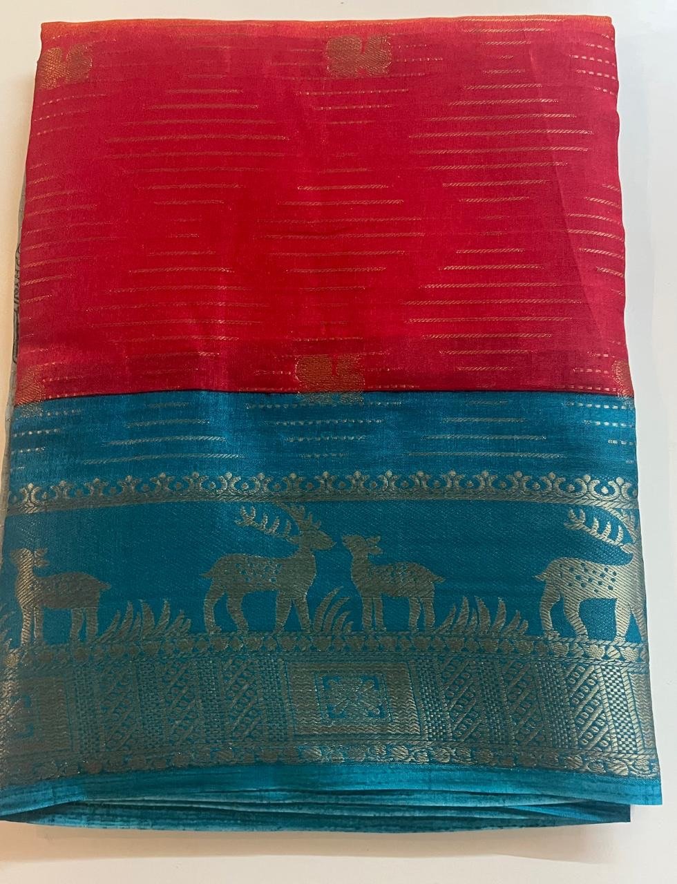 Blue baordered red and yellow combination Multi Colour Saree - Image 3