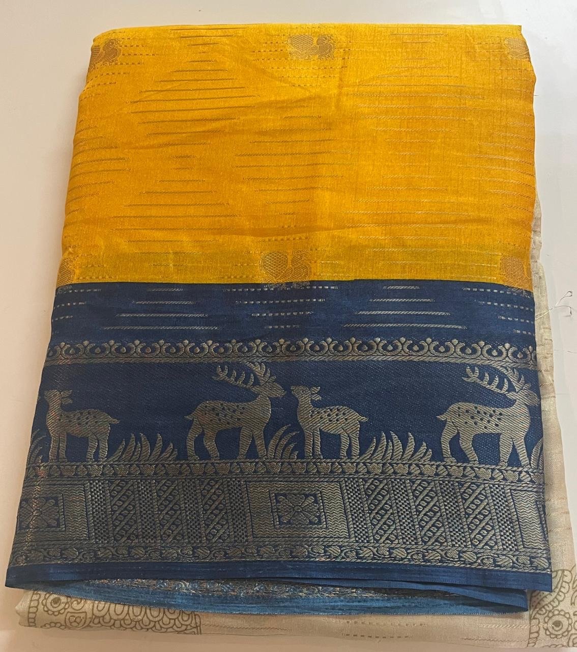 Blue baordered Cream and Yellow Combination Multi Colour Saree - Image 2