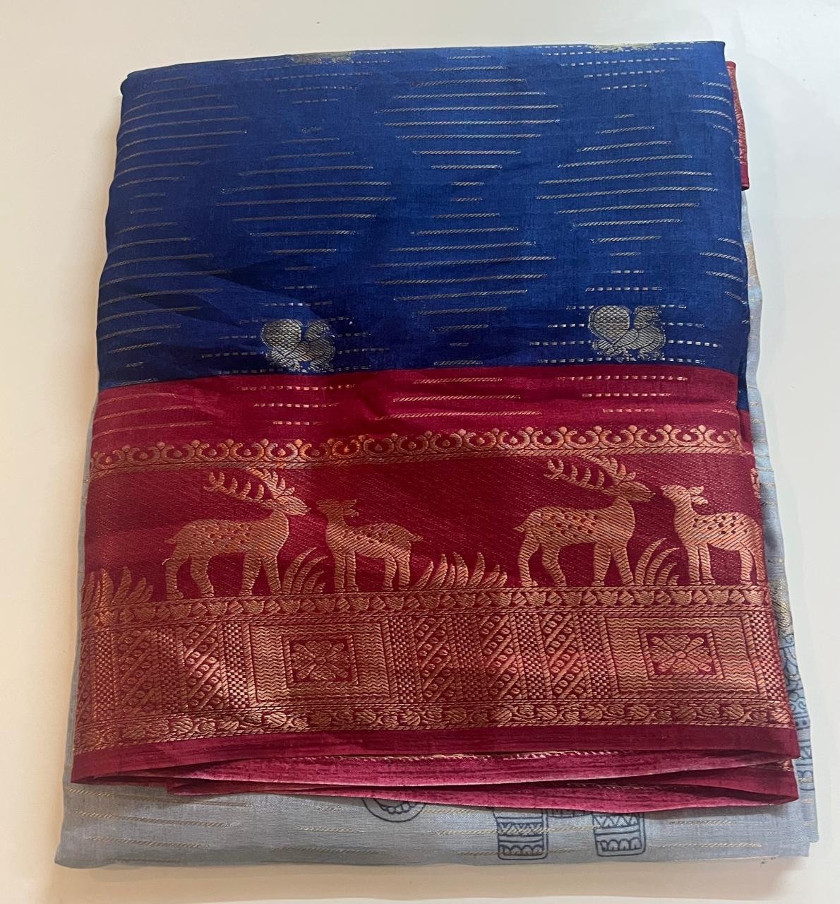Dark Maroon Boardered Blue Multi Colour Saree - Image 3