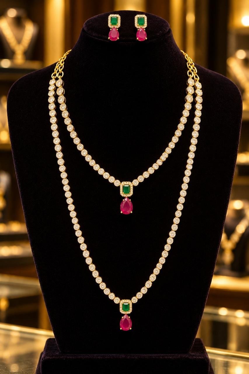 Pulivarthys Emerald and Ruby-Style Necklace Set