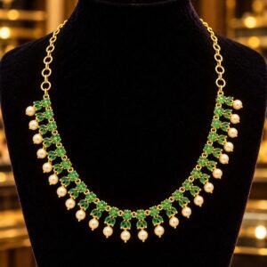 Gold-Tone Emerald Green Floral Necklace with Pearl Drops