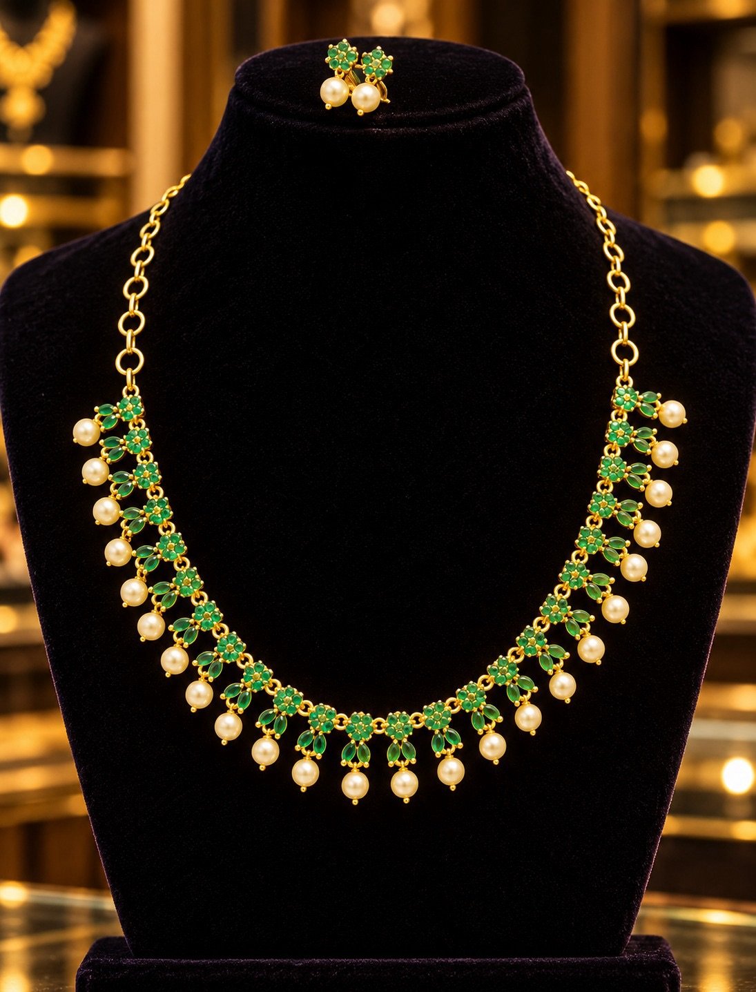 Gold-Tone Emerald Green Floral Necklace with Pearl Drops