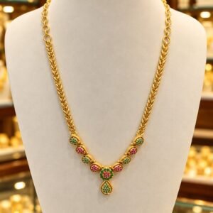 Gold-Tone Necklace with Green and Ruby-Pink Stone Pendant