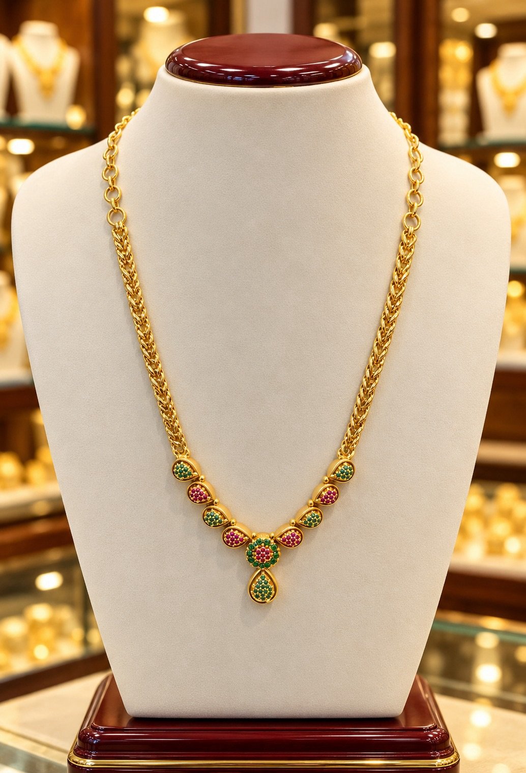 Gold-Tone Necklace with Green and Ruby-Pink Stone Pendant