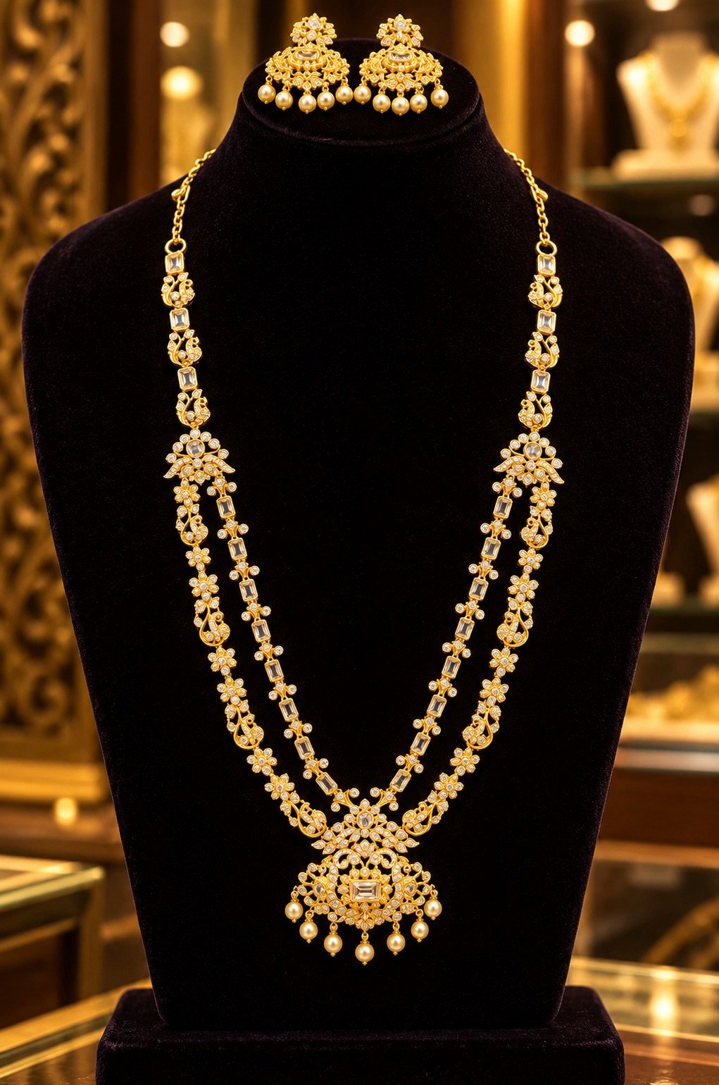 Gold-Tone Double-Layer Bridal Necklace Set with Pearl-Drop Earrings