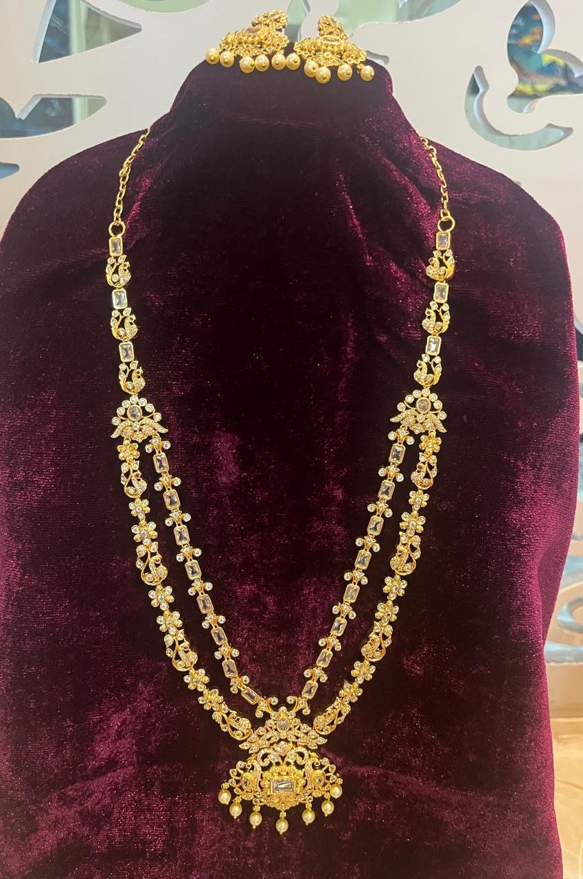 Gold-Tone Double-Layer Bridal Necklace Set with Pearl-Drop Earrings - Image 2
