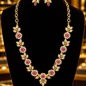 Gold-Tone Ruby Floral Necklace Set with Matching Earrings