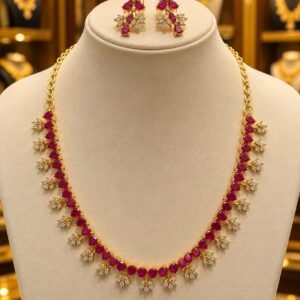 Gold-Tone Ruby Red Stone Necklace Set with Matching Earrings
